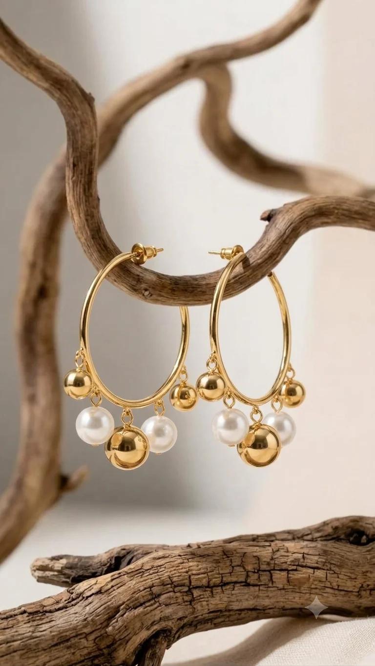 Pearl and Gold Orb Hoop Earrings — photo 2