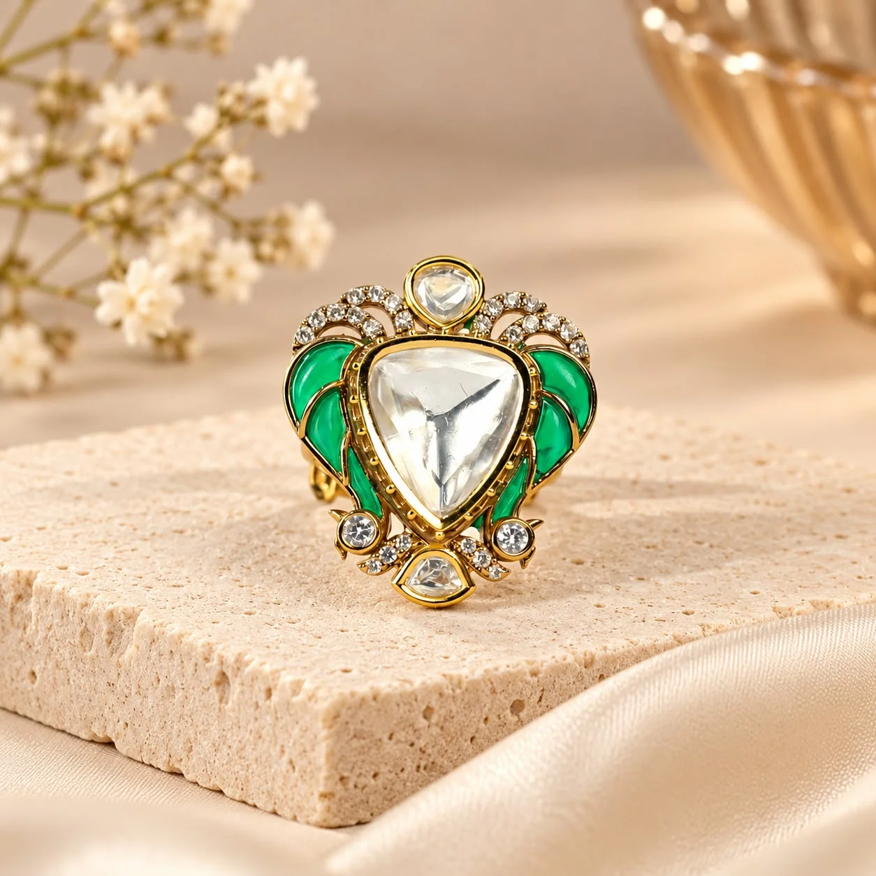 Emerald Kundan Statement Ring