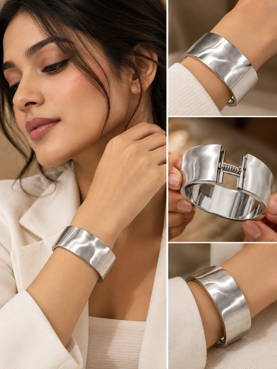 Silver Sculpt Wide Hinged Cuff Bracelet — photo 3