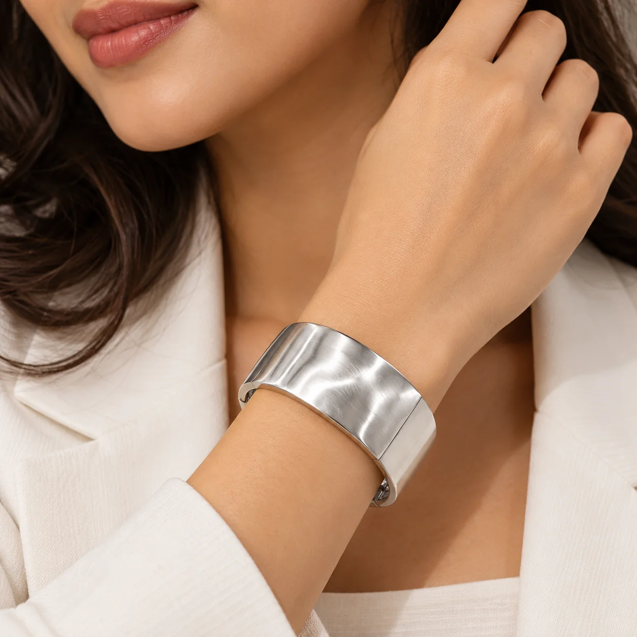 Silver Sculpt Wide Hinged Cuff Bracelet